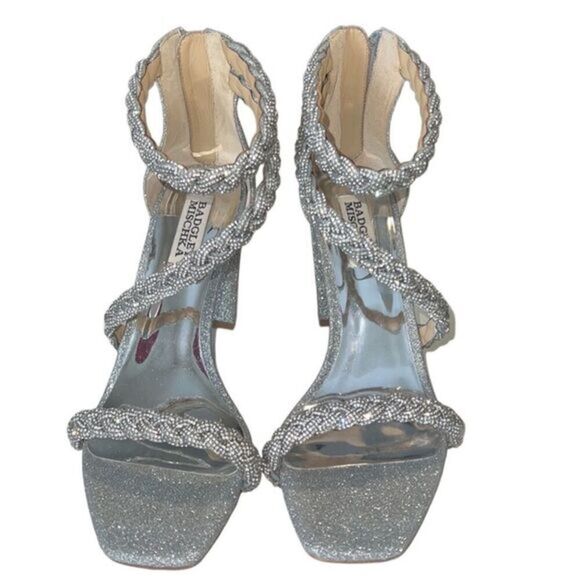 Badgley Mischka Fenix Silver Braided Rhinestone Block Heels Size 8 - Picture 2 of 12